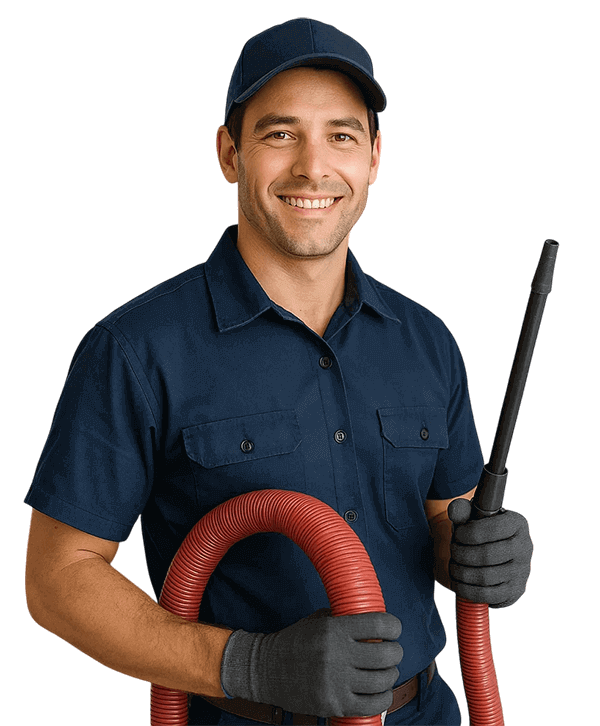 Pasadena TX Air Ducts Cleaning technician holding HVAC tools and smiling
