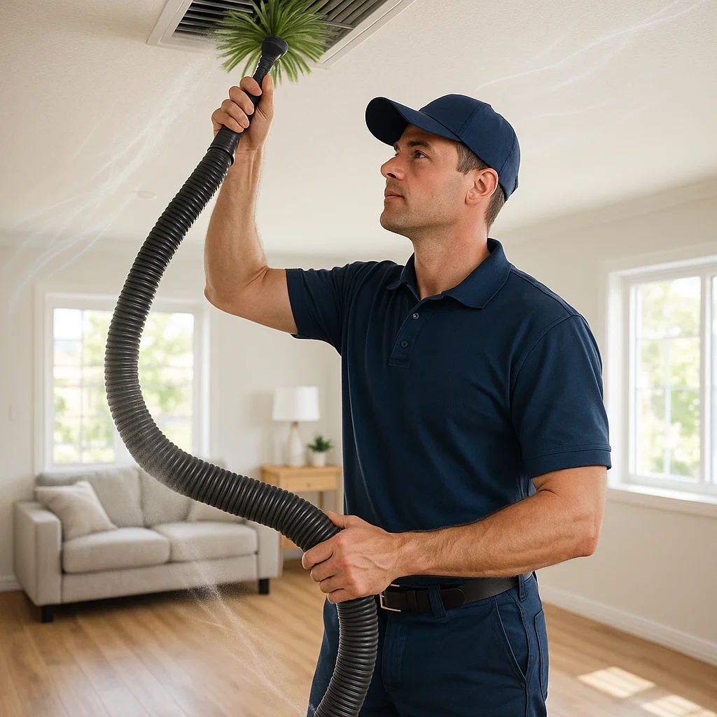HVAC technician cleaning ceiling vent with high-suction vacuum in Pasadena TX home to improve air quality