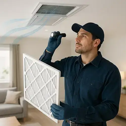 Pasadena TX air duct cleaning technician providing same day HVAC service at homeowner’s house