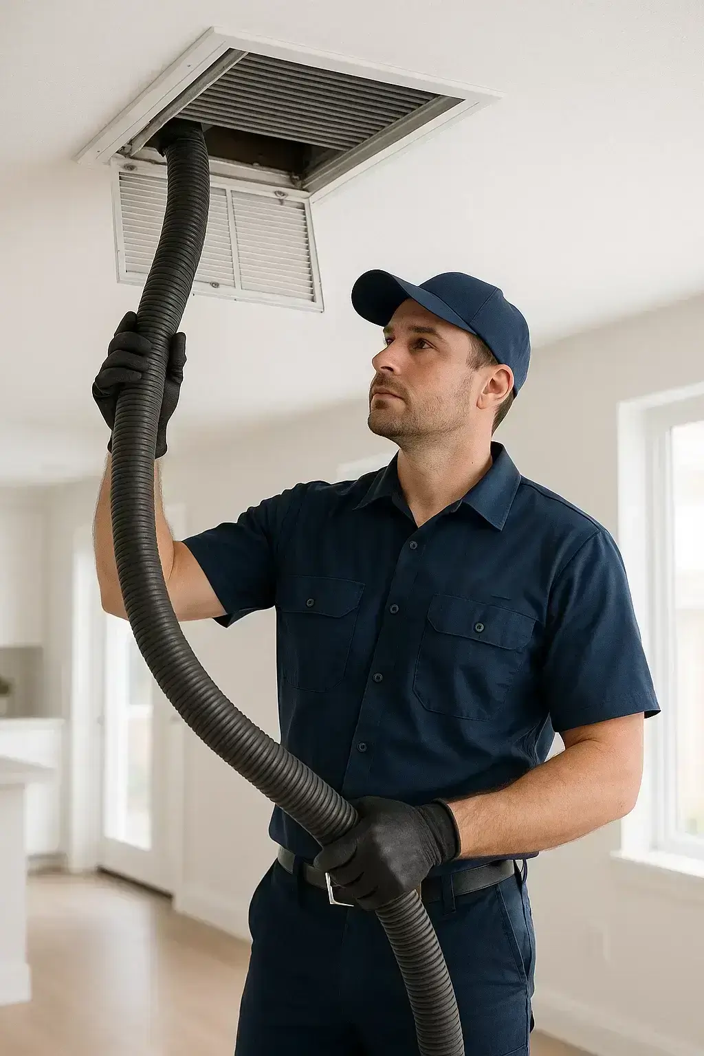 Professional Pasadena TX Air ducts Cleaning  technician cleaning an air vent inside a bright modern home